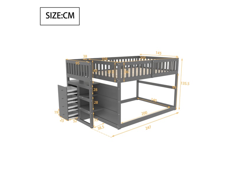Lit superposé enfant 140x200 cm – gris – escalier à 4 tiroirs, barrière haute de sécurité, sans matelas - Conforama C
