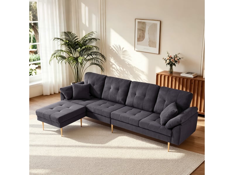  Canapé droit 4 places avec pouf modulable  - pieds en fer 20 cm velours côtelé gris foncé 250 × 70 × 87 cm  - Conforama C