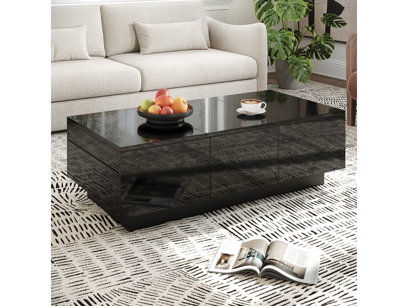 Table basse 100x50x31 cm à plateaux coulissants, 2 tiroirs centraux et rangements cachés, panneaux de particules, noir ABC - Conforama B