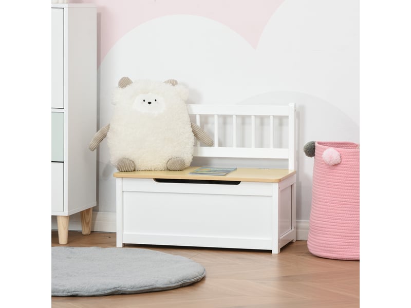  Coffre de rangement enfant 2 en 1 en bois avec serrure de sécurité, 60 x 30 x 50 cm, blanc et bois naturel  - Conforama C