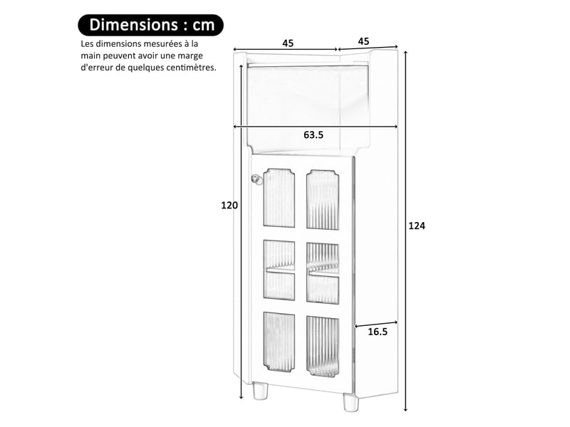  Meuble d'angle triangulaire avec porte en verre ondulé, étagère ouverte, éclairage led connecté et étagères réglables  - Conforama C