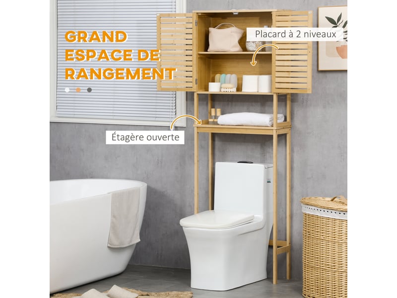  Étagère de toilettes meuble de salle de bain dessus toilette wc avec placard 2 portes et ouverte étagère 60 x 23 x 173 cm bambou  - Conforama D