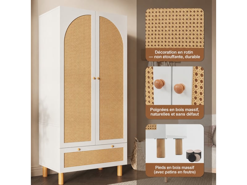 Armoire-penderie blanche à deux portes, rotin et tiroir, 85,5 x 52 x 180,5 cm - Conforama E