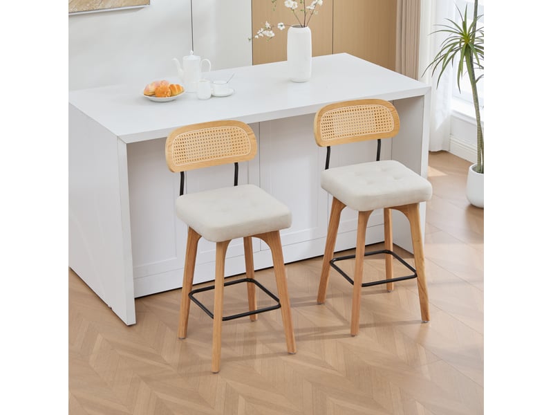  Lot de 2 tabourets de bar 44 x 51 x 96 cm beige en chenille, pivotants à 360 degrés avec dossier en rotin  - Conforama B