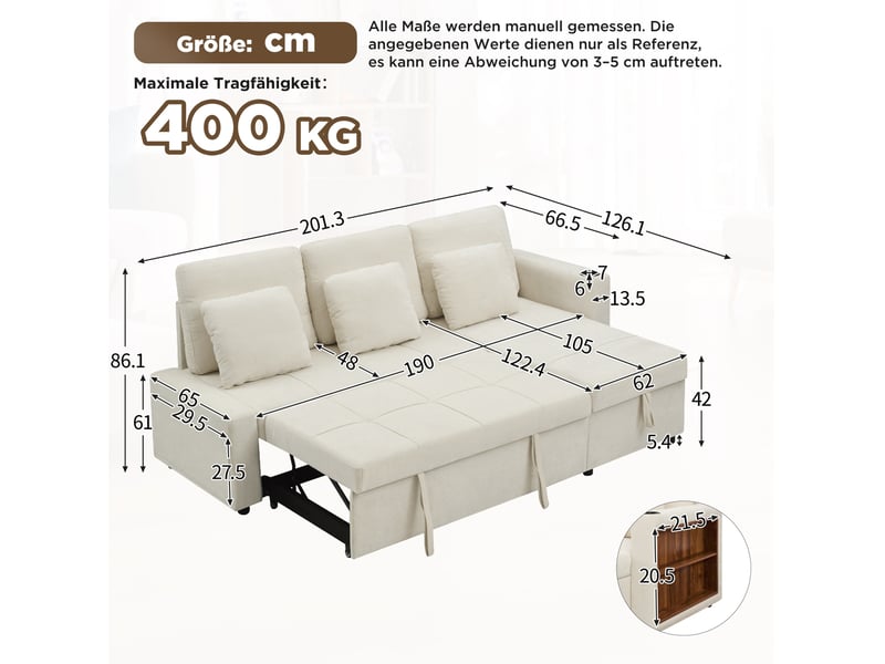  Canapé-lit 3 places 201,3x126,1x86,1 cm avec rangement et porte-gobelet beige clair  - Conforama E