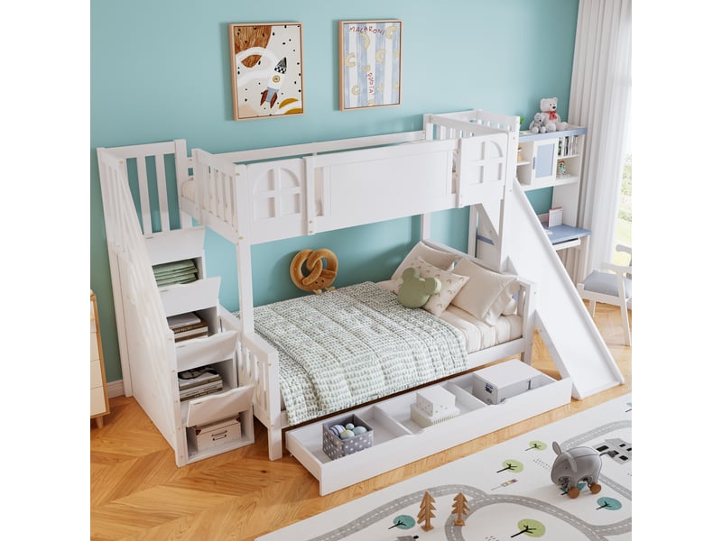 Lit superposé enfant 90 x 200 cm avec 2 fenêtres, toboggan, tiroirs à roulettes, escalier à main courante et 4 casiers, pinmdf, blanc - Conforama D