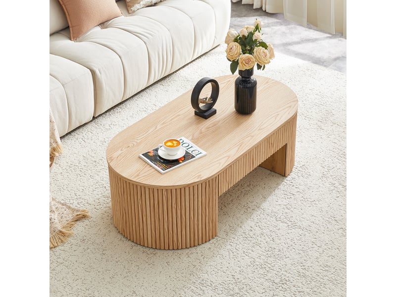  Table basse ovale 105x54x38 cm - table de salon avec tiroir de rangement et habillage cannelé – mdf - naturel  - Conforama D