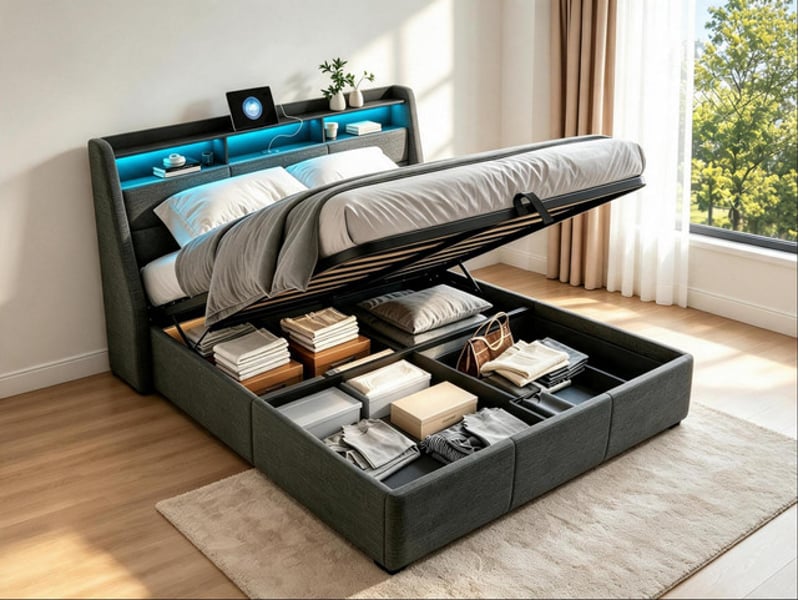  Lit coffre 140x190 cm ezssw, coloris gris  - Conforama B