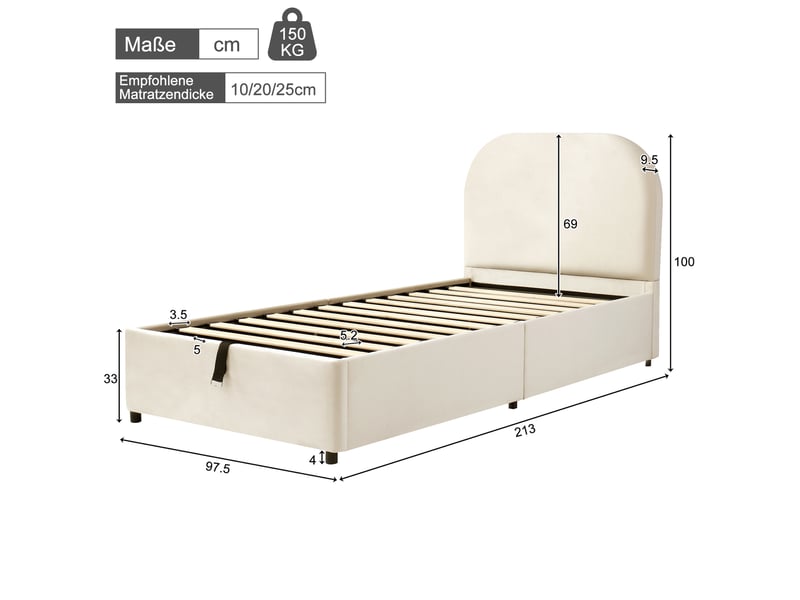 Lit coffre enfant rembourré 90x200 cm, rangement hydraulique, tête de lit rembourrée, sommier à lattes, velours, beige OMNIGLINT TRADING LTD - Conforama C