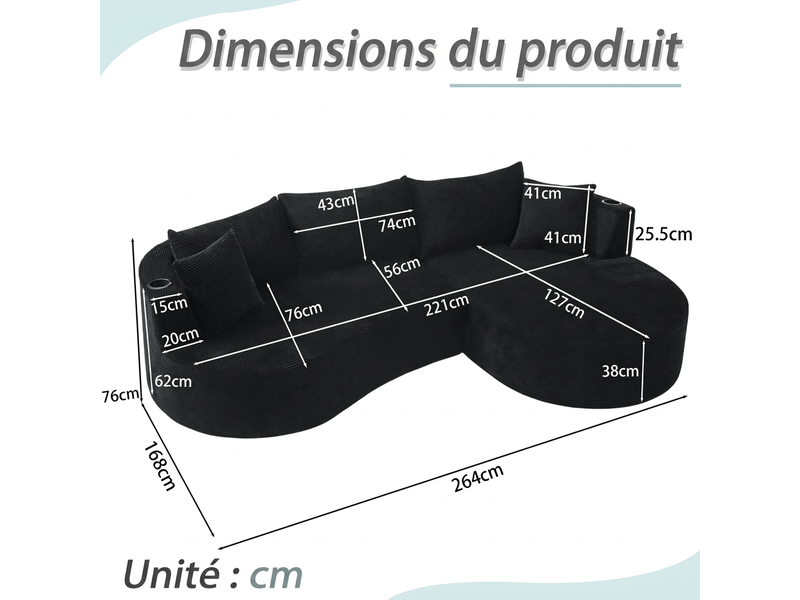 Canapé 3 places avec méridienne droite design incurvé velours côtelé doux porte-gobelets - Conforama C