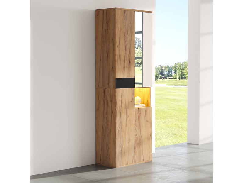 Armoire avec miroir, 4 portes, niche ouverte et 12 compartiments pour entrée noir et naturel 65 × 35 × 190 cm - Conforama C