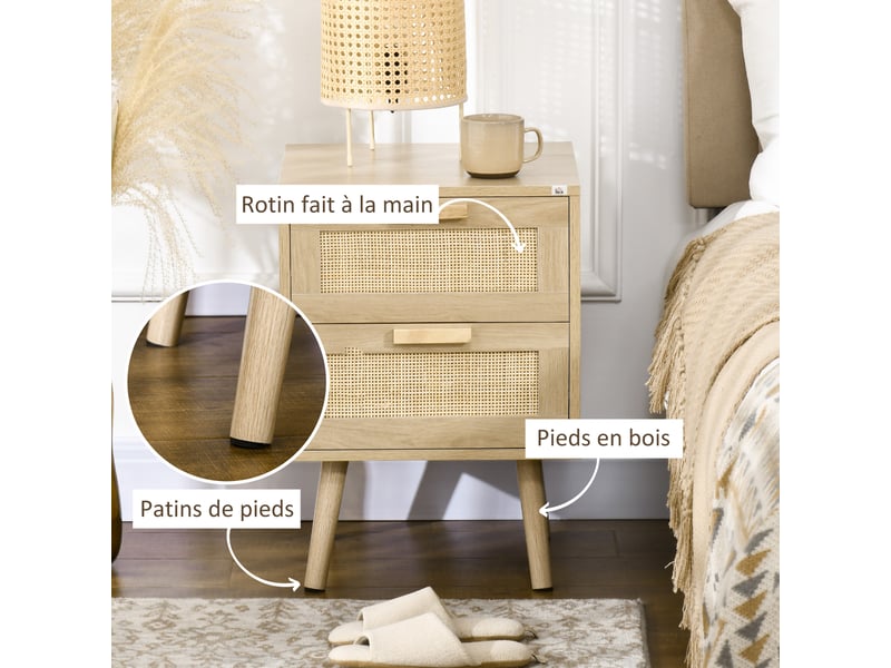  Lot de 2 tables de chevet tables d'appoint 2 tiroirs façades aspect cannage rotin style bohème naturel 40 x 40 x 56 cm  - Conforama R