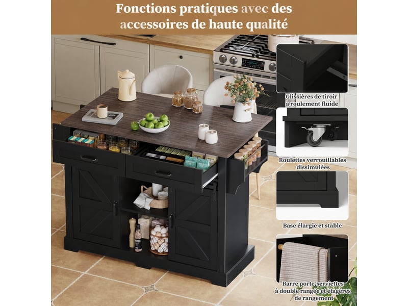  Îlot de cuisine avec plateau rabattable, 2 portes, 2 tiroirs, 120 x 45-70 x 91, noir  - Conforama C