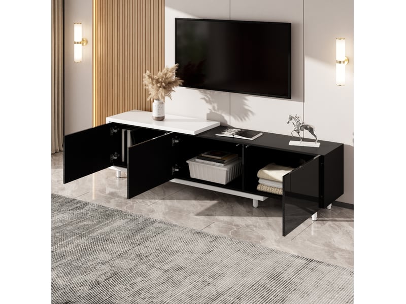  Meuble tv extensible 258 x 38 x 48,5 cm, 3 portes brillantes, noir et blanc  - Conforama E