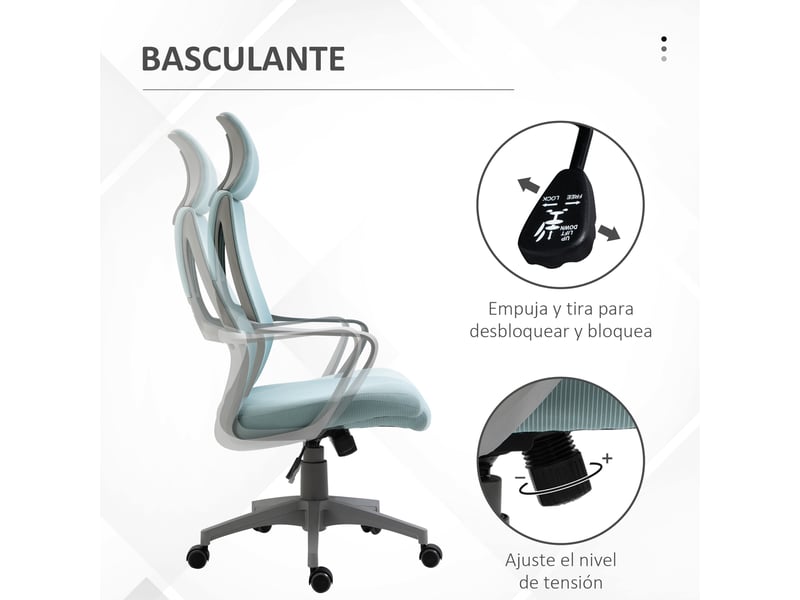  Chaise de bureau réglable avec accoudoirs, appui-tête et fonction inclinable, capacité de charge 120 kg, 64 x 55 x 116-126 cm, bleue  - Conforama E