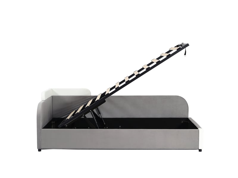  Lit coffre enfant 90x200 cm, lit capitonné une place avec sommier hydraulique et barrière de sécurité anti-chute, velours et contreplaqué doux, gris  - Conforama D