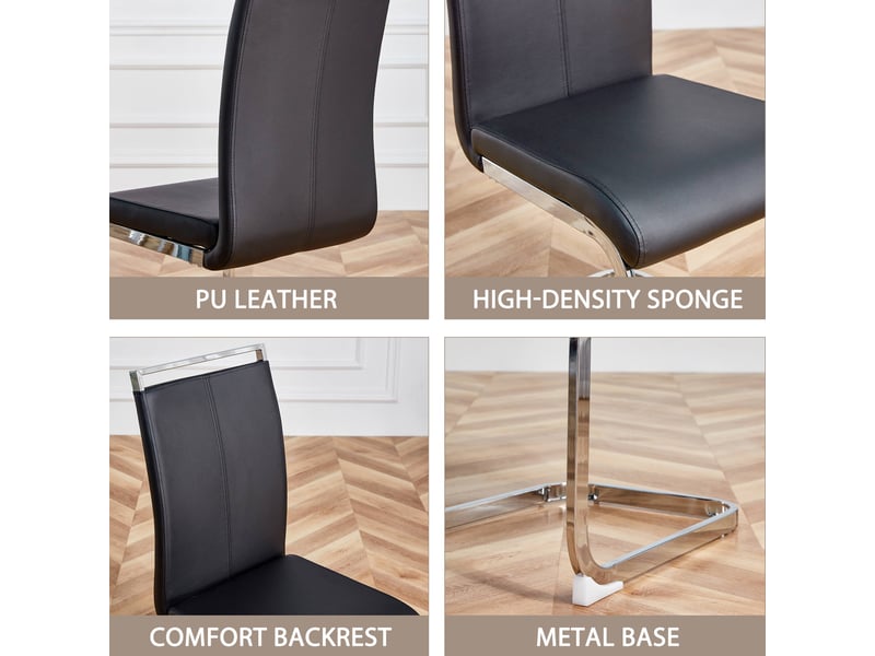  Lot de 4 chaises cantilever noir simili-cuir, piètement métal chromé, assise rembourrée, design moderne  - Conforama E