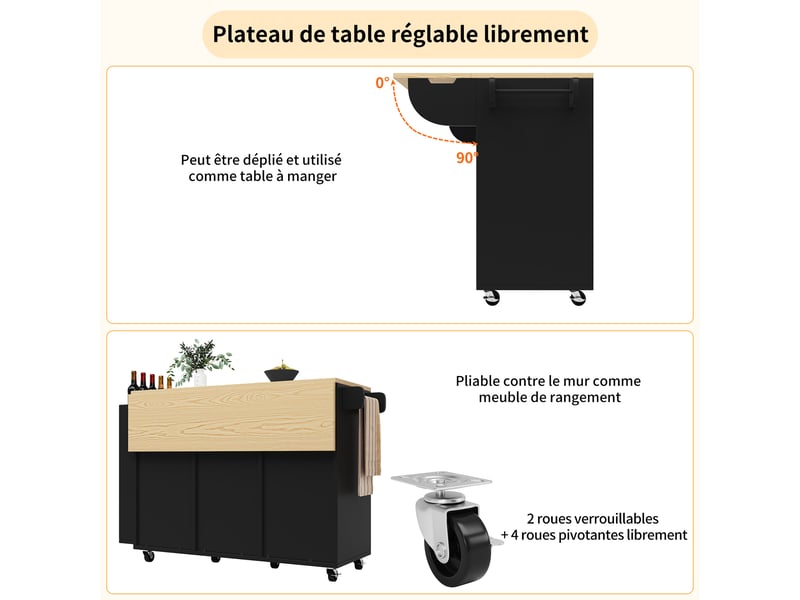  Îlot de cuisine 110x42x90 cm avec table rabattable 70 cm, 3 tiroirs, portes coulissantes et roulettes, mdf, noir  - Conforama R