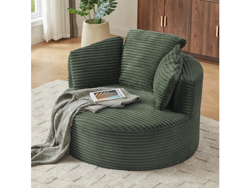 Fauteuil fixe rond 1 place en velours côtelé vert, format 124 × 113 × 86 cm, confort nuage pour salon et chambre  - Conforama B