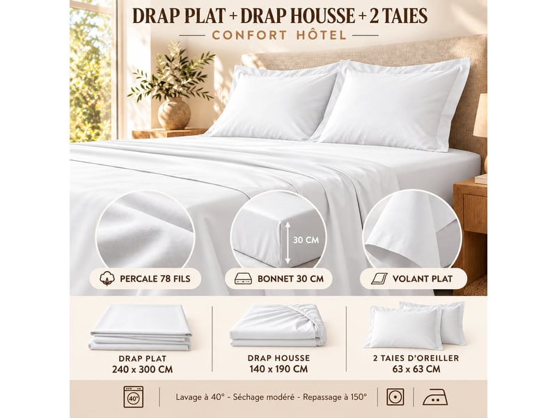  Ensemble literie 4 pièces drap plat 240 x 300 cm + drap housse 140x190 cm + 2 taies 63x63 cm percale 78 fils blanc  - Conforama E