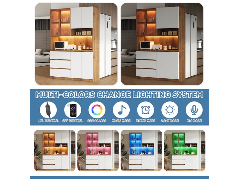  Buffet haut led 120,5 x 40 x 180 cm meuble de rangement cuisine avec 6 portes, 3 tiroirs et espace micro-ondes, blanc bois naturel Radiant Stride - Conforama E