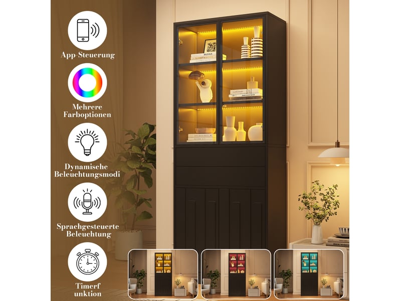  Vitrine led noire 70 × 34 × 180 cm, 4 portes en verre trempé, 2 tiroirs et éclairage bluetooth réglable  - Conforama E