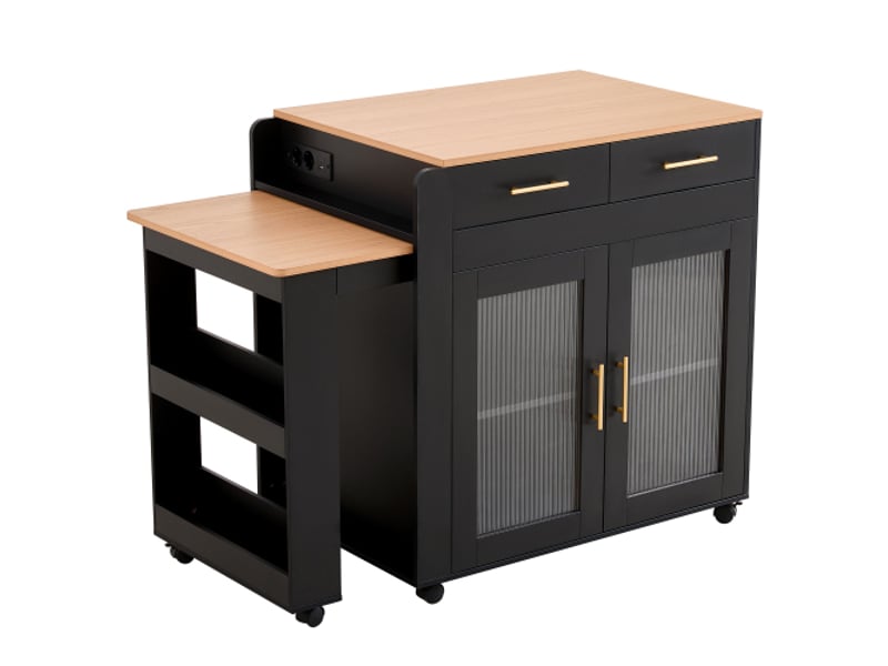  Îlot de cuisine extensible avec rangement, prise et ports usb ac, buffet table de bar moderne pour 2-4 personnes, noir  - Conforama A