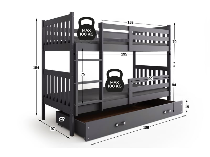  Lit superposé séparable 90x190 cm kacper interbeds - bois massif de pin avec barrière, sommier et tiroir - gris  - Conforama C