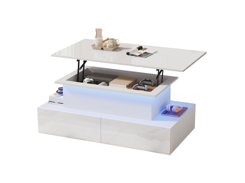  Table basse 90x55x41 cm avec 4 tiroirs, plateau relevable, rangement ouvert, led, table de salon, pour salon, pb, blanc  - Conforama A