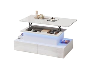 Table basse 90x55x41 cm avec 4 tiroirs, plateau relevable, rangement ouvert, led, table de salon, pour salon, pb, blanc