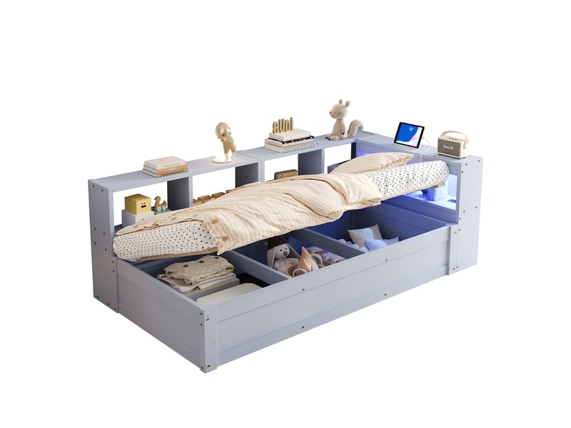  Lit simple 90x200 cm avec rangement hydraulique et led en bois gris  - Conforama A