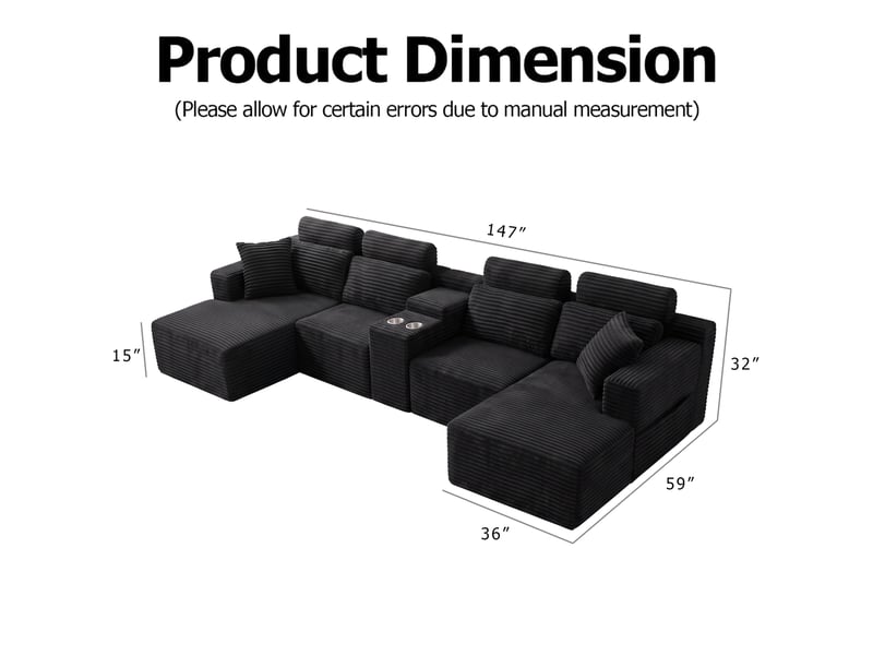  Canapé d’angle modulaire en u 373x151x81 cm compressé, porte-gobelets, mousse,  velours côtelé couleur noir  - Conforama C