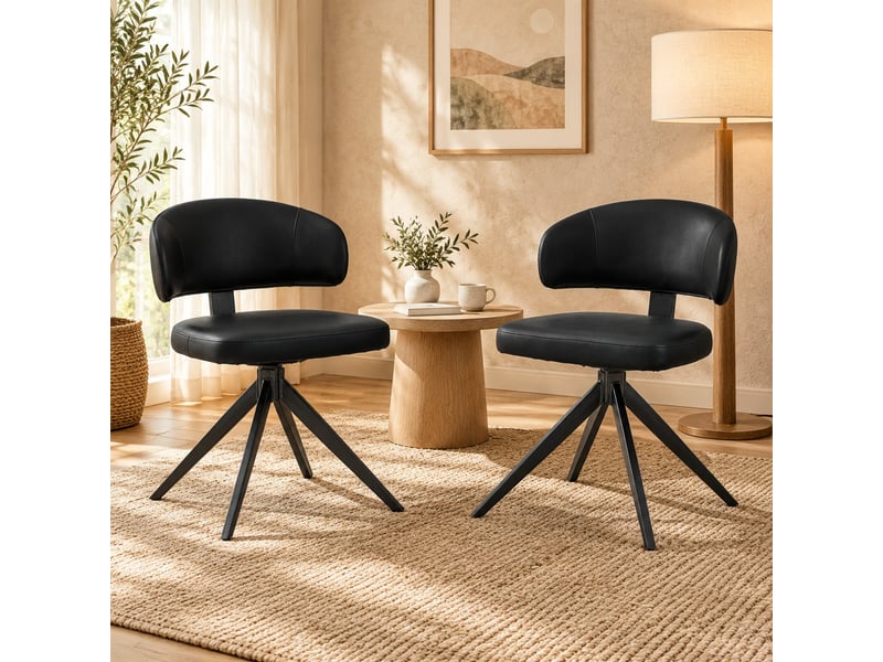  Lot de 2 chaises de salle à manger pivotantes 360°  - dossier courbé, piètement métal, pu noir, 77 cm  - Conforama B