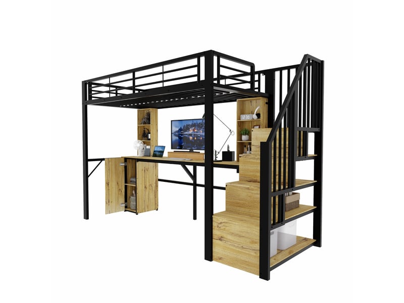  Lit mezzanine 90 × 200 cm 1 place avec bureau, armoire, rangements et usb, sans matelas, noir  - Conforama A