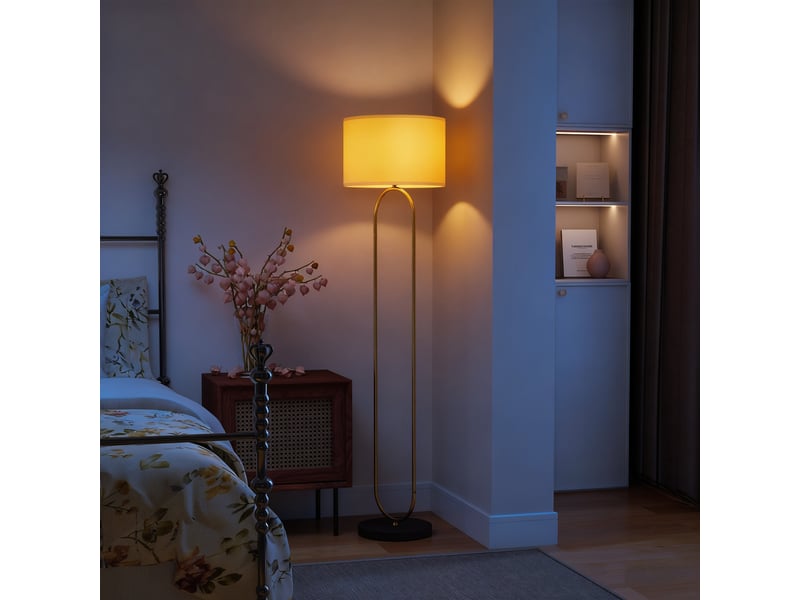  Lampadaire abat-jour en lin douille e27 style interrupteur moderne à pied pour salon et chambre 156 cm doré et noir  - Conforama A