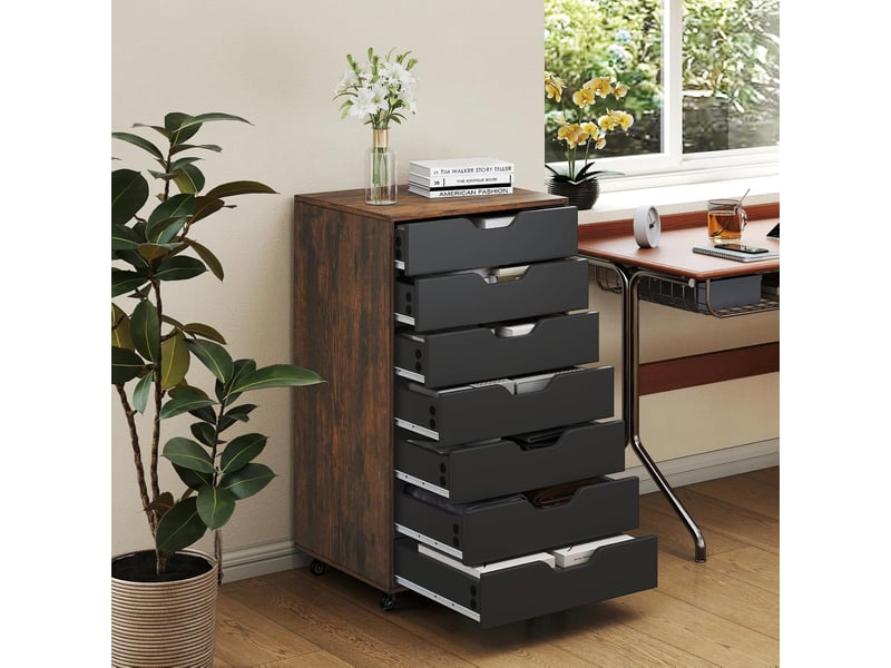 Caisson de bureau mobile 7 tiroirs de bureau, meuble bureau rangement à roulettes, documents, papiers, 49 x 40 x 87 cm (noir+industriel)  - Conforama B