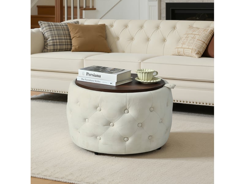  Lot de 2 poufs gigognes ronds 58 cm avec rangement et plateau amovible en bois beige  - Conforama D