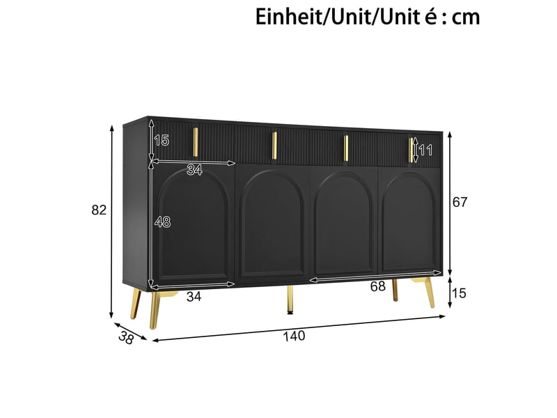 Buffet 140x38x82 cm avec 4 portes à forme incurvée et 4 tiroirs en mdf couleur noir, pieds de couleur dorée, design moderne - Conforama C