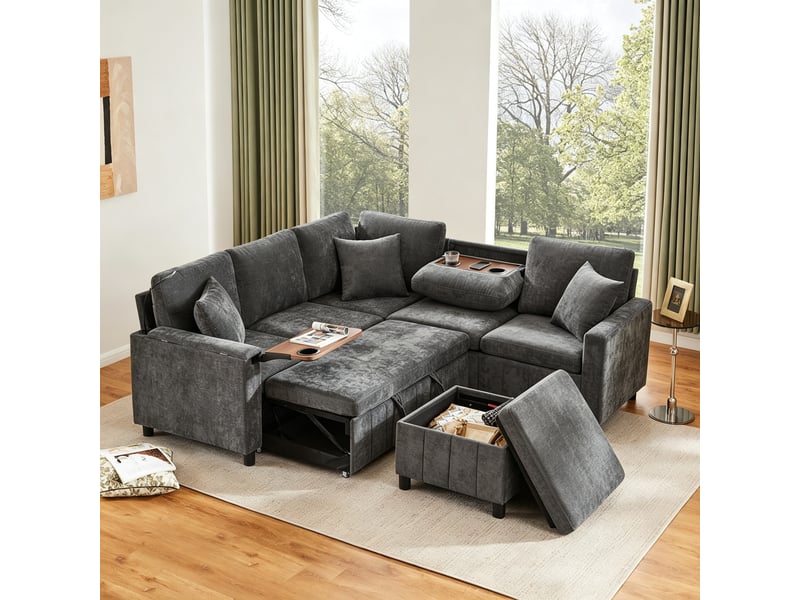 Canapé d'angle convertible en chenille, gris 4 places avec pouf coffre, lit avec ports usb et table rabattable pour salon et chambre - Conforama B