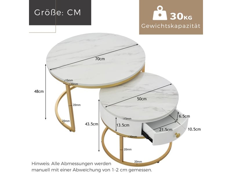  Table basse gigogne marbre - ensemble de 2 tables - finition brillante - 50x50x43.5 cm - mdf 70x70x48cm - Conforama C