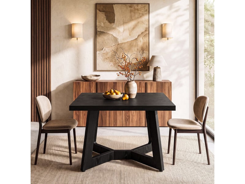  Table de salle à manger carrée noire de 100 cm pour 2 à 4 personnes, table de cuisine noire en bois avec piètement géométrique  - Conforama D
