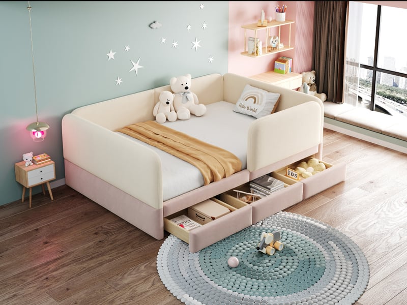  Lit enfant 140 × 200 cm 2 places avec contour rembourré, 3 tiroirs, sans matelas, en velours beige et rose  - Conforama E