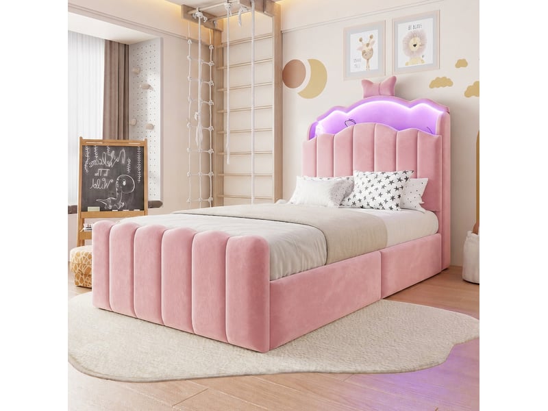 Lit coffre enfant modenvie 90 x 200 cm velours rose led usb usb-c tête de lit avec rangement  - Conforama E