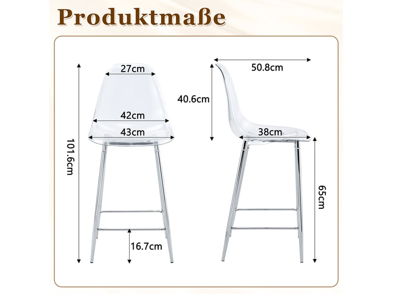 Lot de 4 tabourets de bar 43x50x101 cm transparents, chaise de bar, design moderne, cuisine, structure métal, argenté  - Conforama C