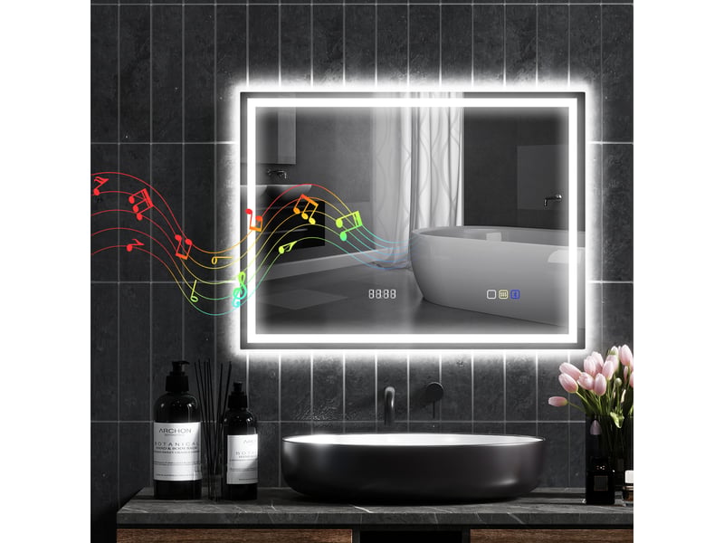  Miroir salle de bain led bluetooth 60 x 80 cm interrupteur tactile lumière réglable 3 couleurs anti-buée mémoire argent  - Conforama D
