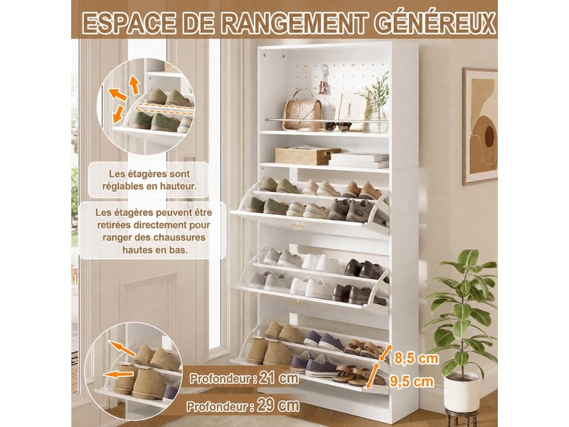  Meuble à chaussures étroit, 80x24x178,5 cm, 3 abattants, 2 niches, panneau perforé Fay Lum - Conforama B