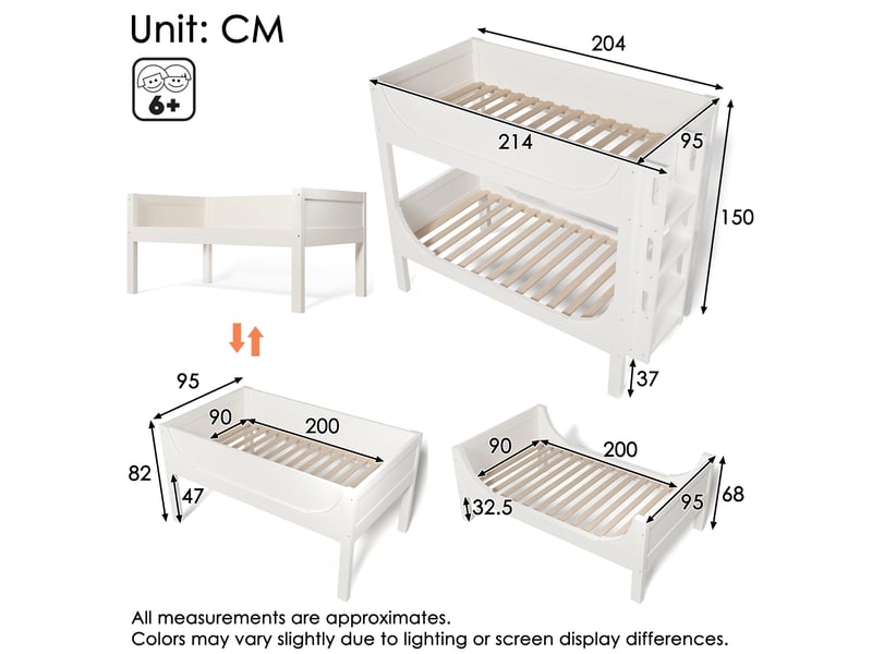  Lit superposé enfant séparable 2 x 90 x 200 cm, échelle réversible, blanc  - Conforama C