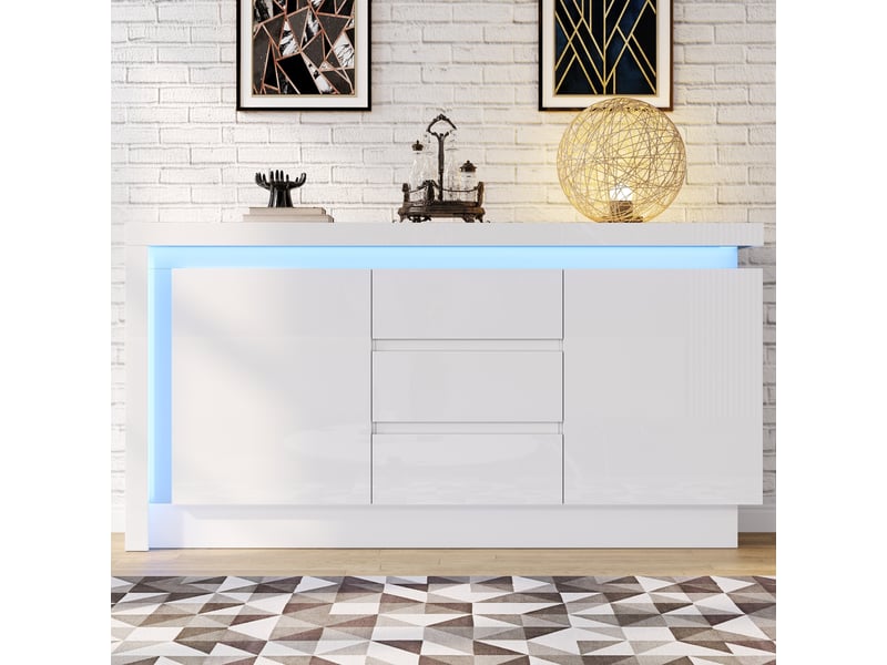  Buffet blanc brillant avec led 2 portes 3 tiroirs 140 cm  - Conforama R