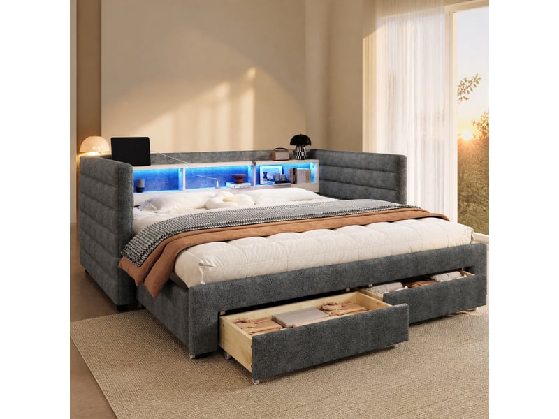 Lit simple 90x190 cm avec éclairage led et rangement en velours gris  - Conforama B