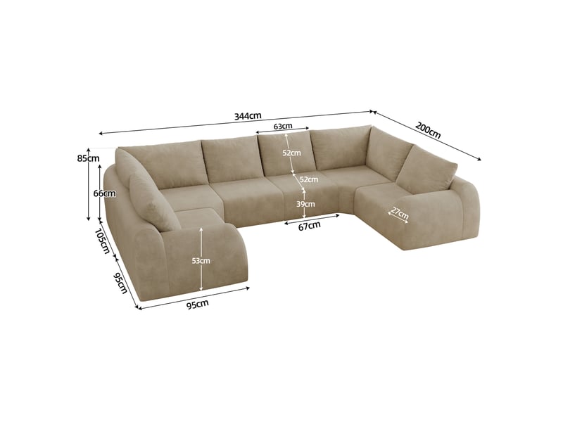  Canapé en u modenvie 6 places en tissu chenille taupe avec mousse haute élasticité 344 x 200 x 85 cm  - Conforama C